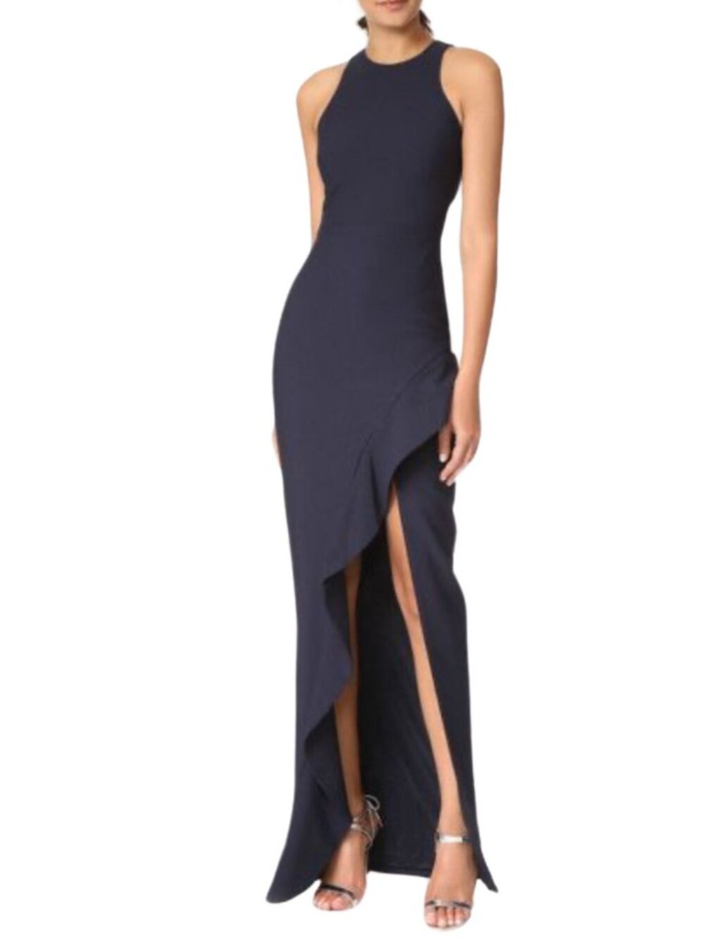 Cinq a Sept Piper Ruffle High Slit Maxi Gown Dress Sz 4Navy Blue Sleeveless